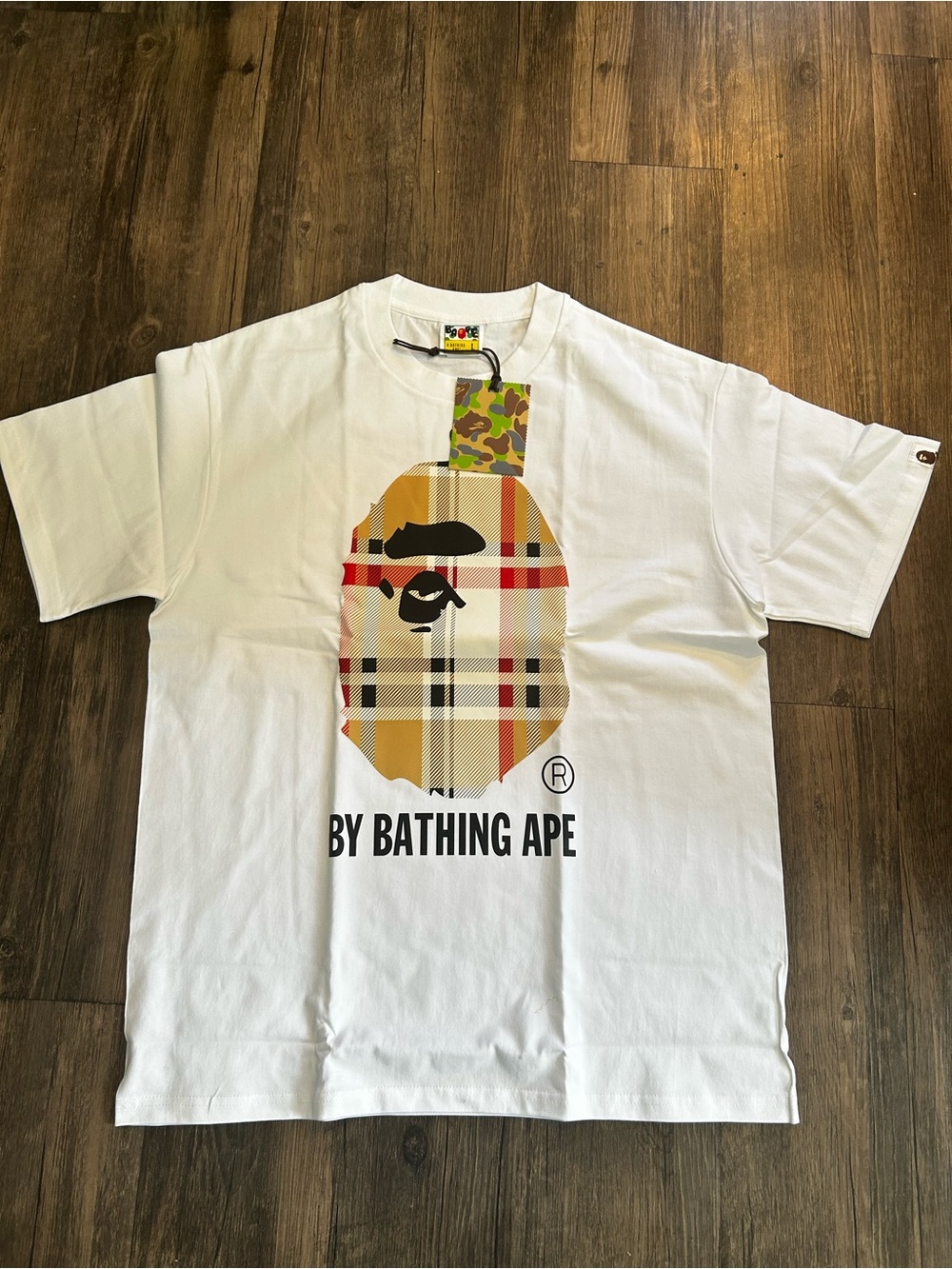 Bape White Plaid Ape Head Short Sleeve Tee with Tan Accents